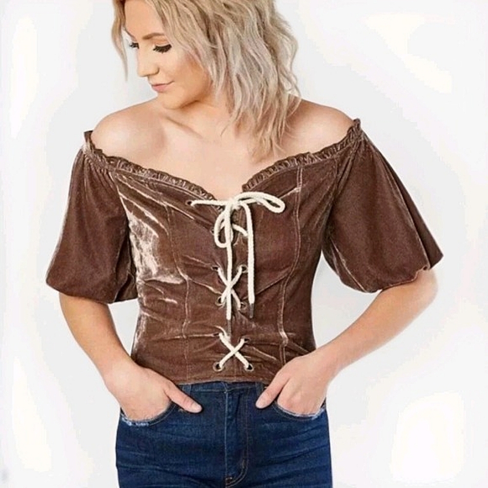 Off-Shoulder Lace-Up Velvet Blouse in Brown
